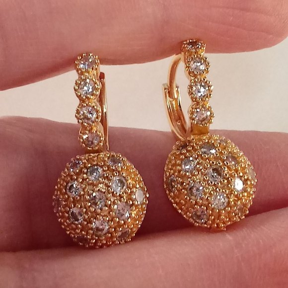 18K Yellow Gold Filled Round Beaded Diamond Zircon Drop Earrings Gorgeous Gift - Picture 1 of 8